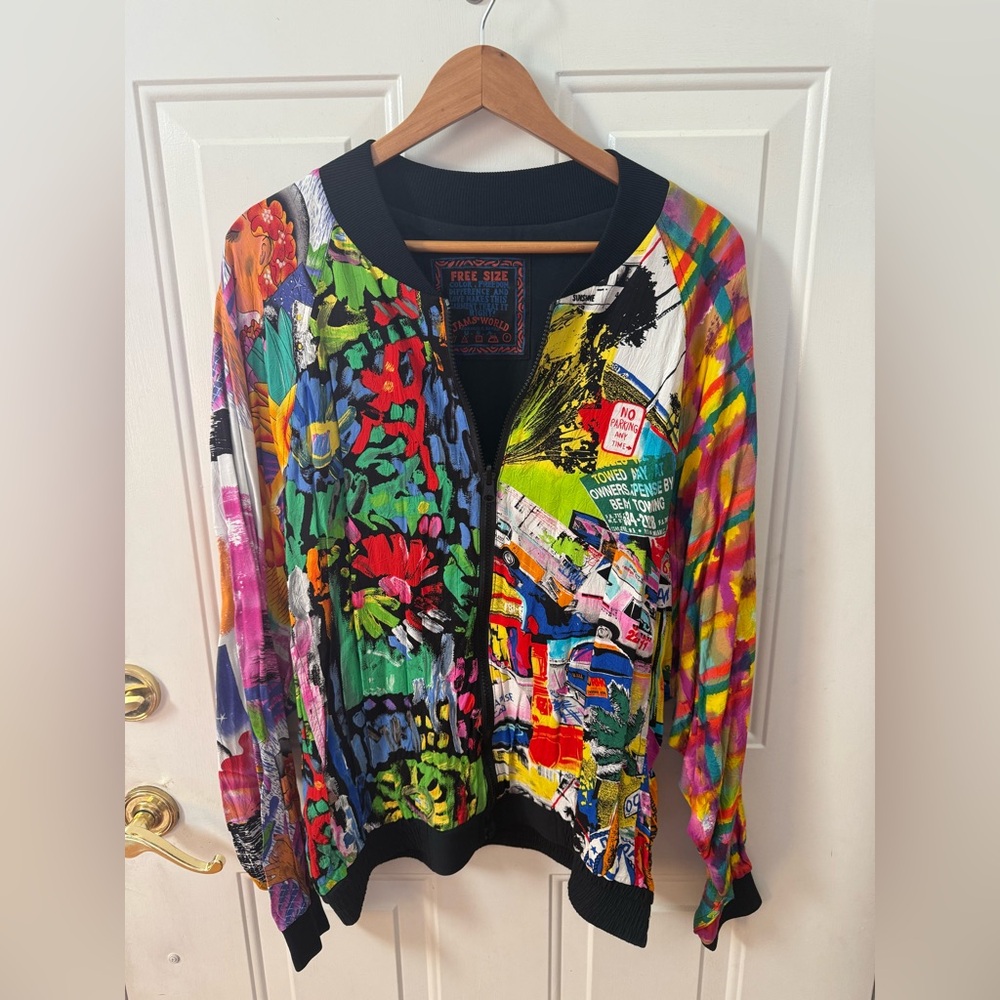 Vintage Jams World Jacket Reversible Multicolor 80s Swatch Clock Miami Beach